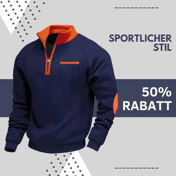 pullover, sweatshirt, quarter zip, athletic wear, sports pullover, zip pullover, activewear top, sale promotion, minimalist, bold, blue, orange, neutral
